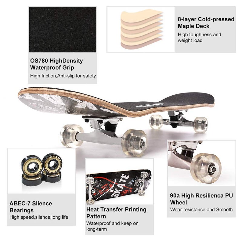 Chrome Wheels ChromeWheels 31 inch Skateboard Double Kick Skate Board Cruiser Longboard 8 Layer Maple Deck Skateboards for Kids and Beginners - Image 4